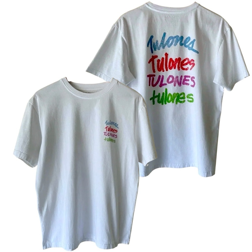 TULONES Men's Medium Crewneck White T-Shirt 4 Logos Design Blue/Red/Purple/Green